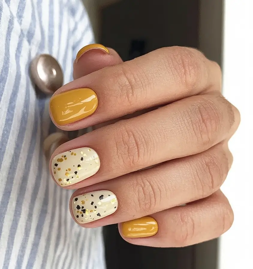 Top Short Fall Nail Trends 2025 Golden Mustard and Glitter Confetti