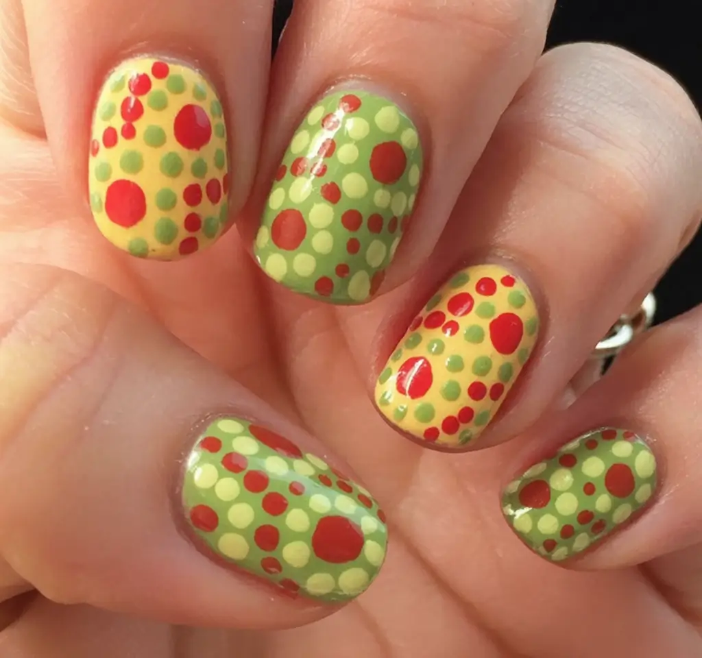 Top Short Fall Nail Trends 2025 Retro Dot Pop Art in Earthy Green and Red