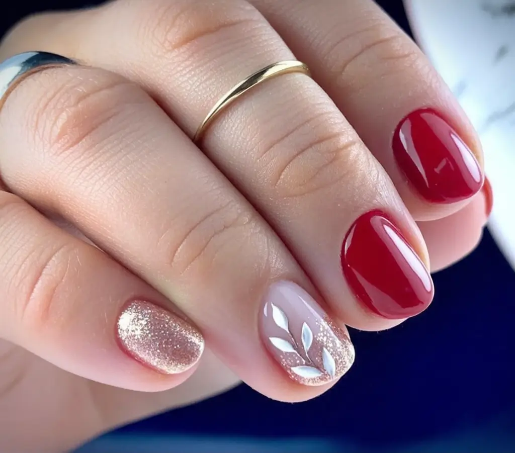 Top Short Fall Nail Trends 2025 Ruby Red, Soft Shimmer, and Silver Leaf Accent