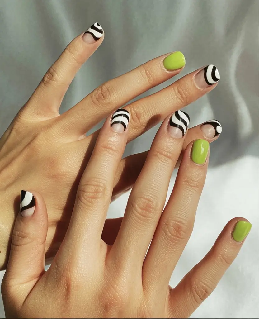 Top Short Fall Nail Trends 2025 Minimalist Zebra with Neon Green Pop