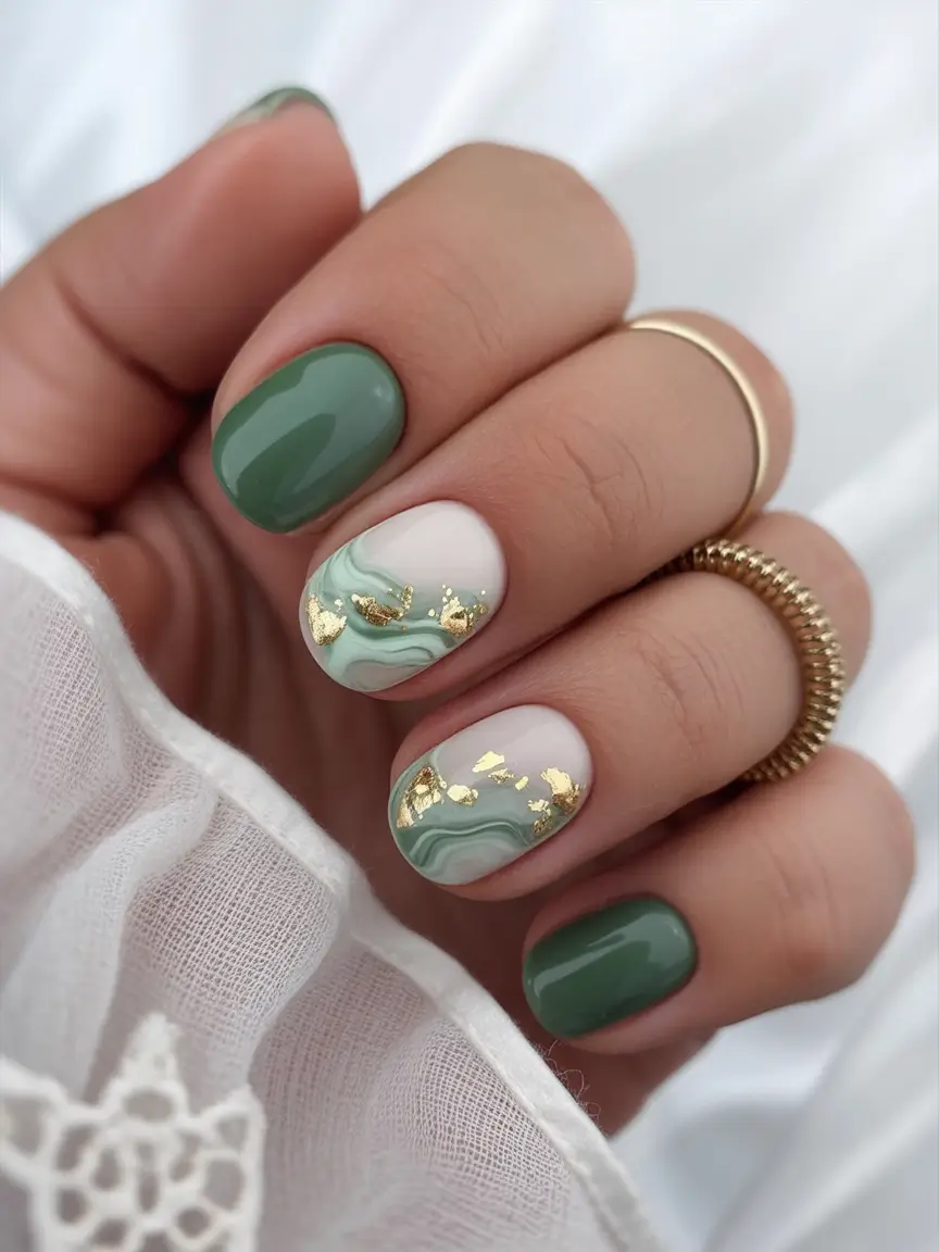 Top Short Fall Nail Trends 2025 Green Marble Art with Gold Foil Accents