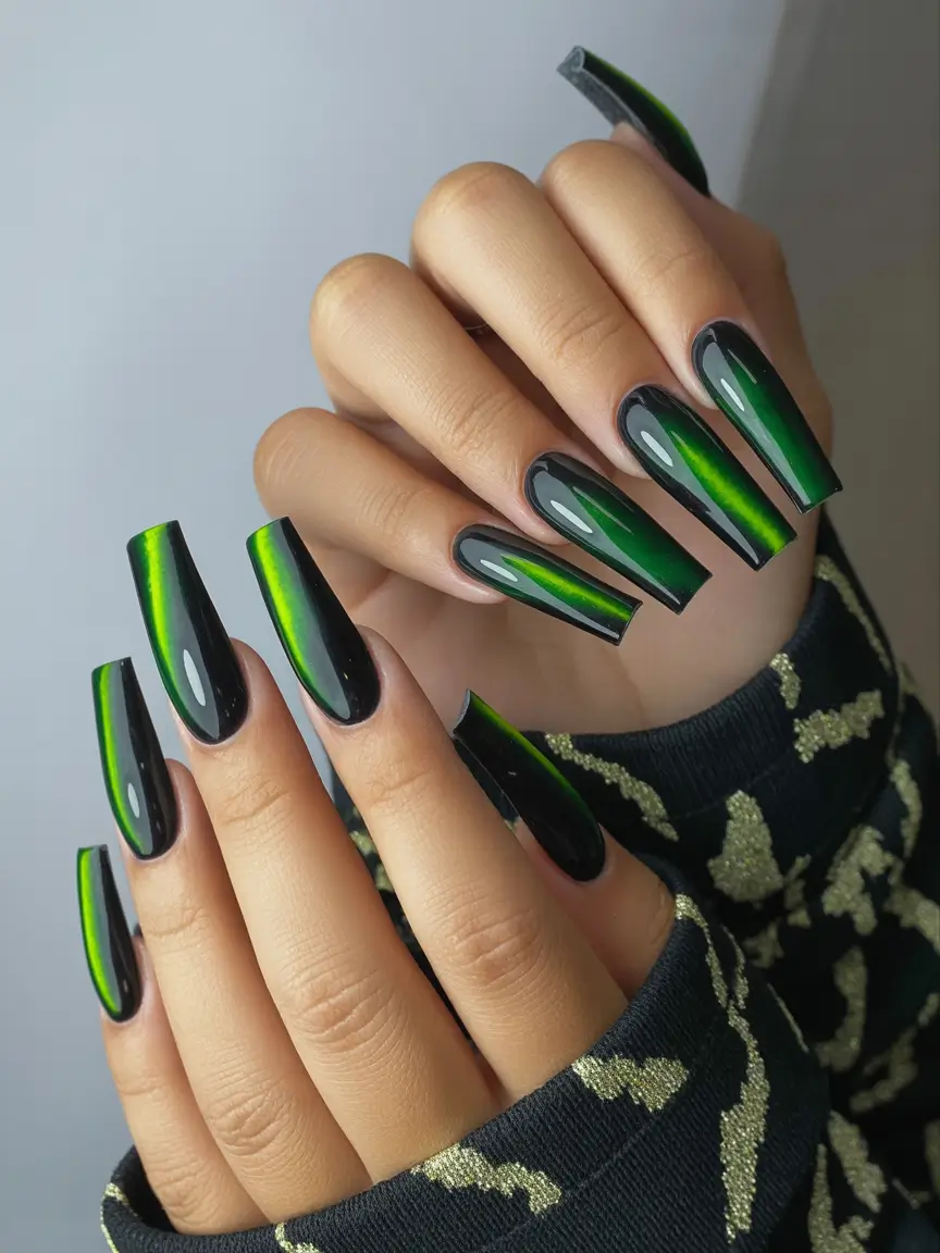 Trendy Black Fall Nails 2025 Magnetic Green and Black Chrome