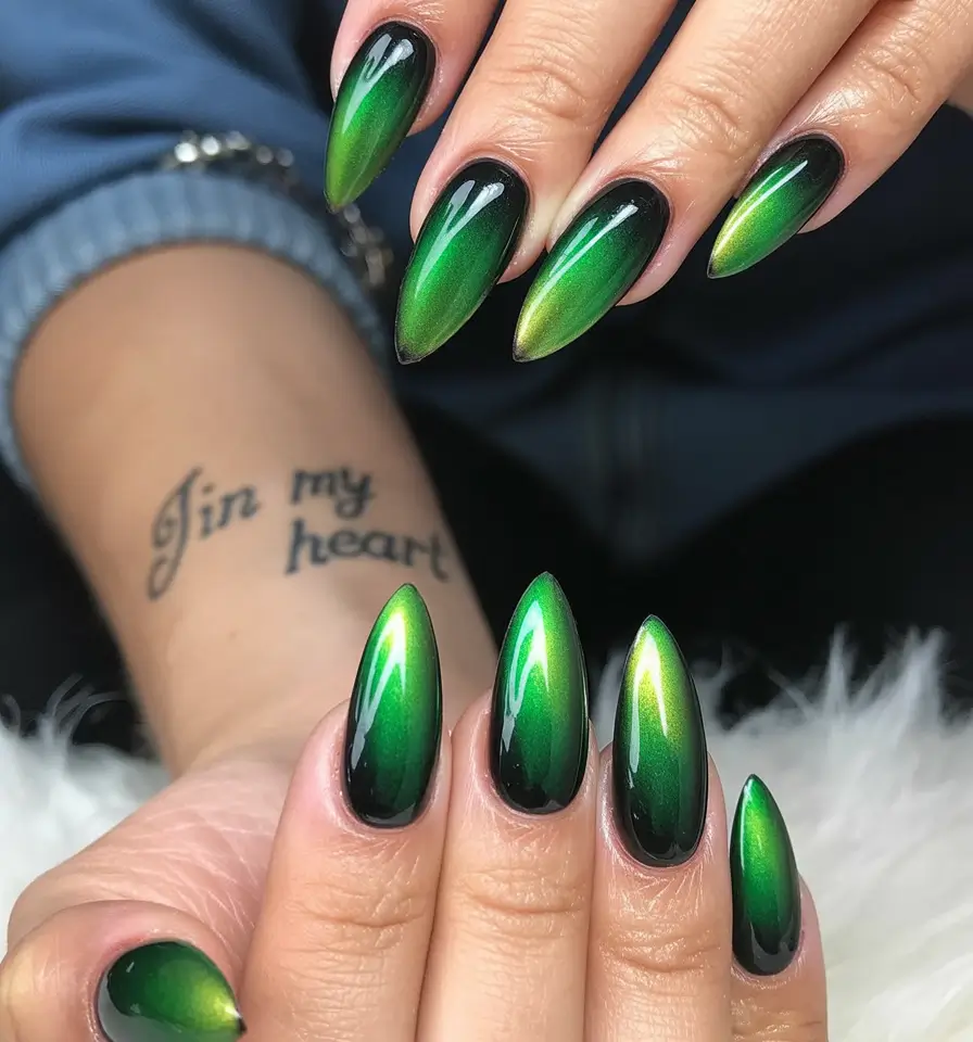 Trendy Black Fall Nails 2025 Emerald Chrome Glow