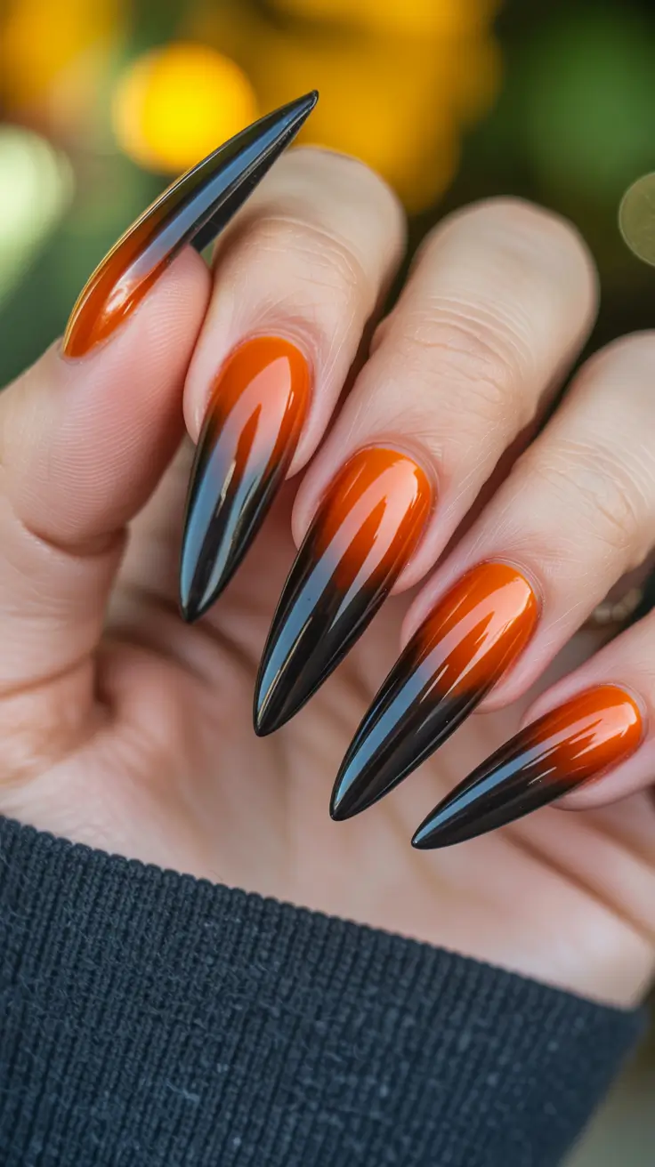 Trendy Black Fall Nails 2025 Burnt Orange and Black Ombre