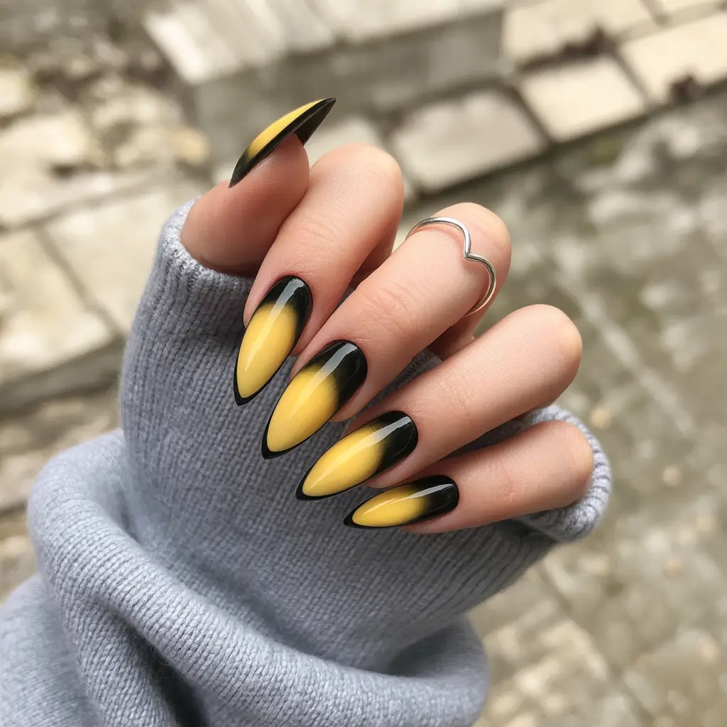 Trendy Black Fall Nails 2025 Yellow Meets Black Gradient