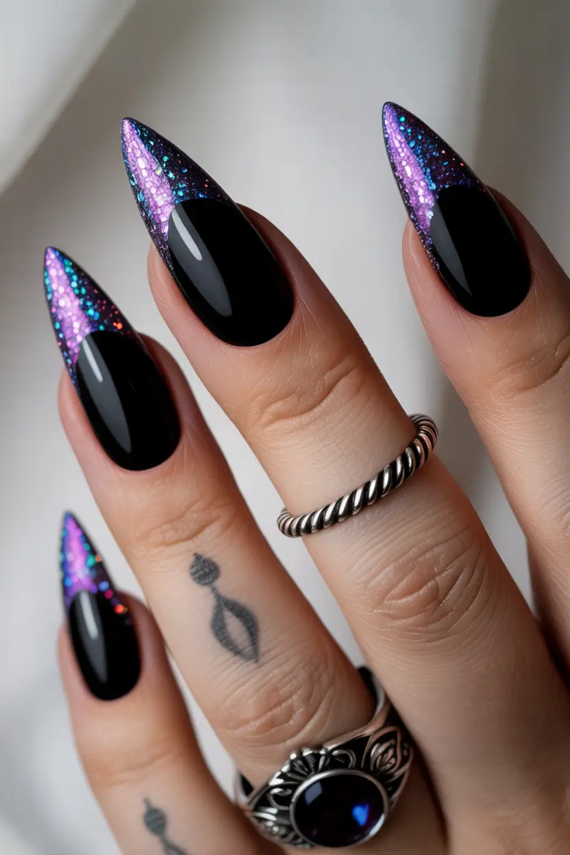 Trendy Black Fall Nails 2025 Purple Sparkle French Tips