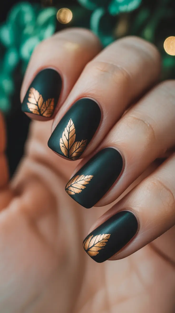 Trendy Black Fall Nails 2025 Golden Leaf Matte Elegance