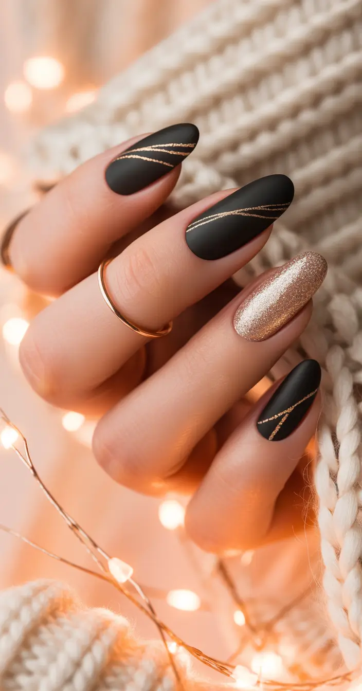 Trendy Black Fall Nails 2025 Matte Black with Golden Sparkle