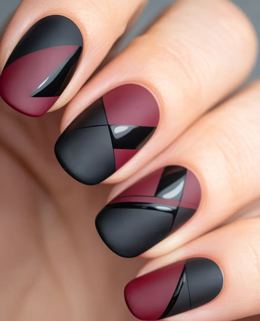 Trendy Black Fall Nails 2025 Geometric Burgundy and Black