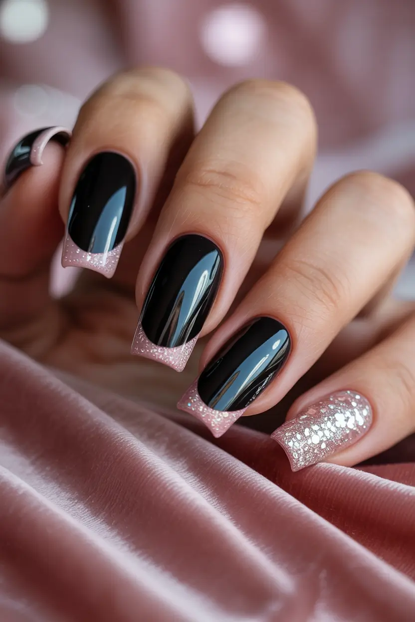 Trendy Black Fall Nails 2025 Pink Sparkle French Tips