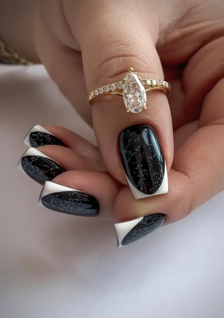 Trendy Black Fall Nails 2025 Starry Black with White French Twist