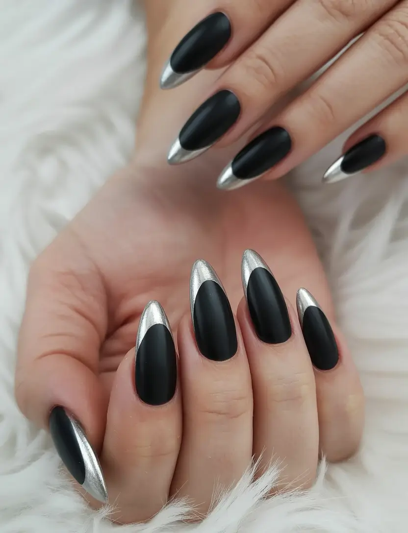 Trendy Black Fall Nails 2025 Silver-Tipped Drama