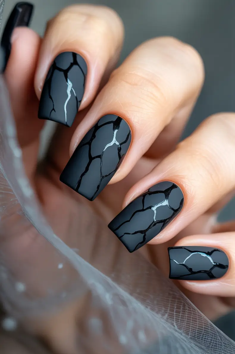 Trendy Black Fall Nails 2025 Marble Crackle Effect