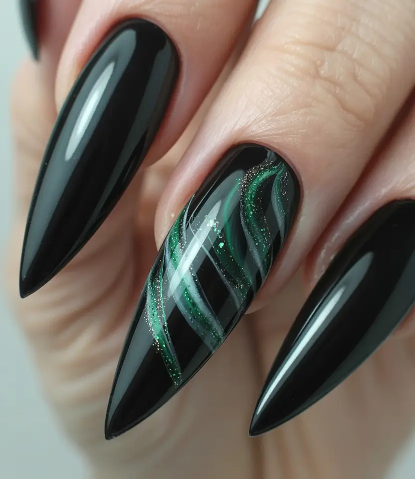 Trendy Black Fall Nails 2025 Emerald Accents on Black