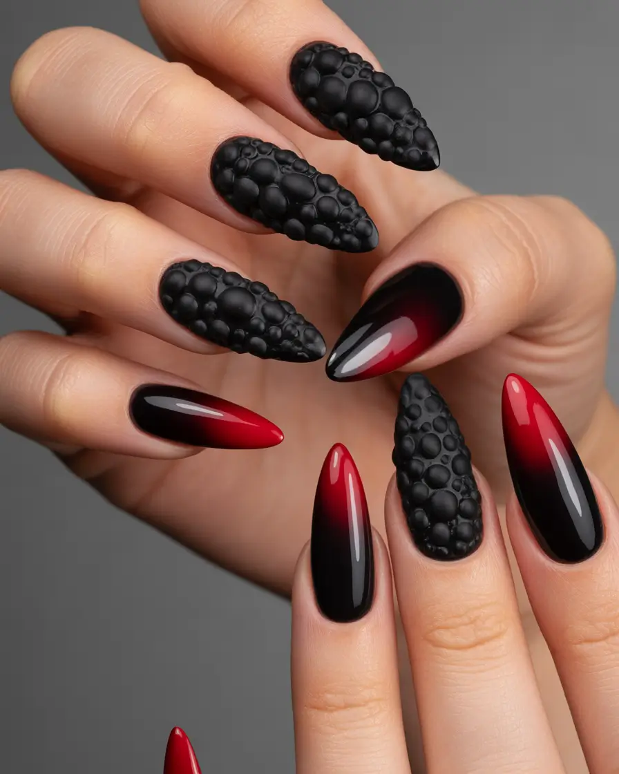 Trendy Black Fall Nails 2025 Crimson and Black Ombre with Textured Accents
