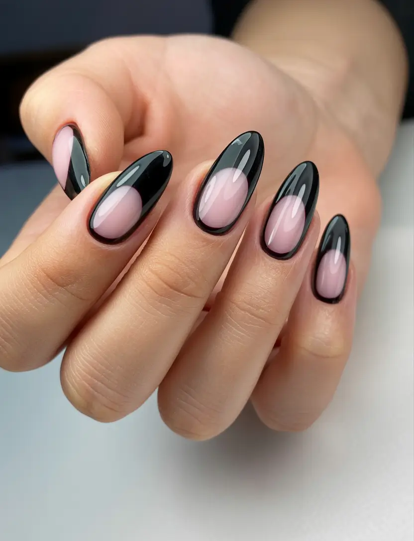 Trendy Black Fall Nails 2025 Glossy Black and Nude French Fade
