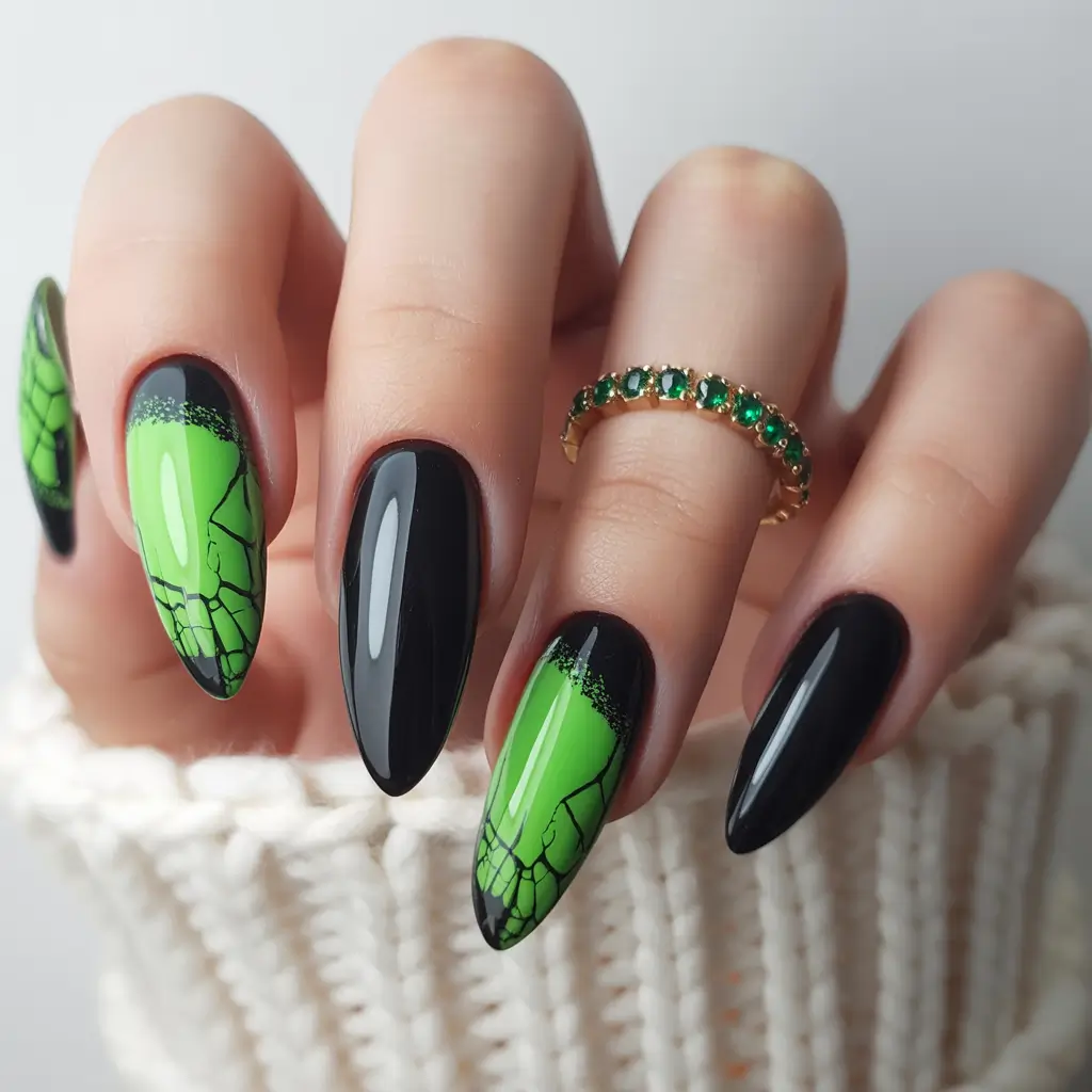 Trendy Black Fall Nails 2025 Neon Green Web Effect on Black