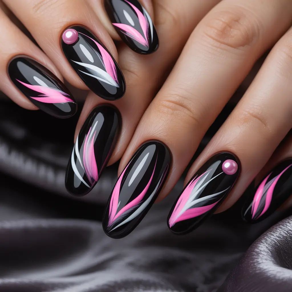 Trendy Black Fall Nails 2025 Glossy Black with Pink and White Streaks