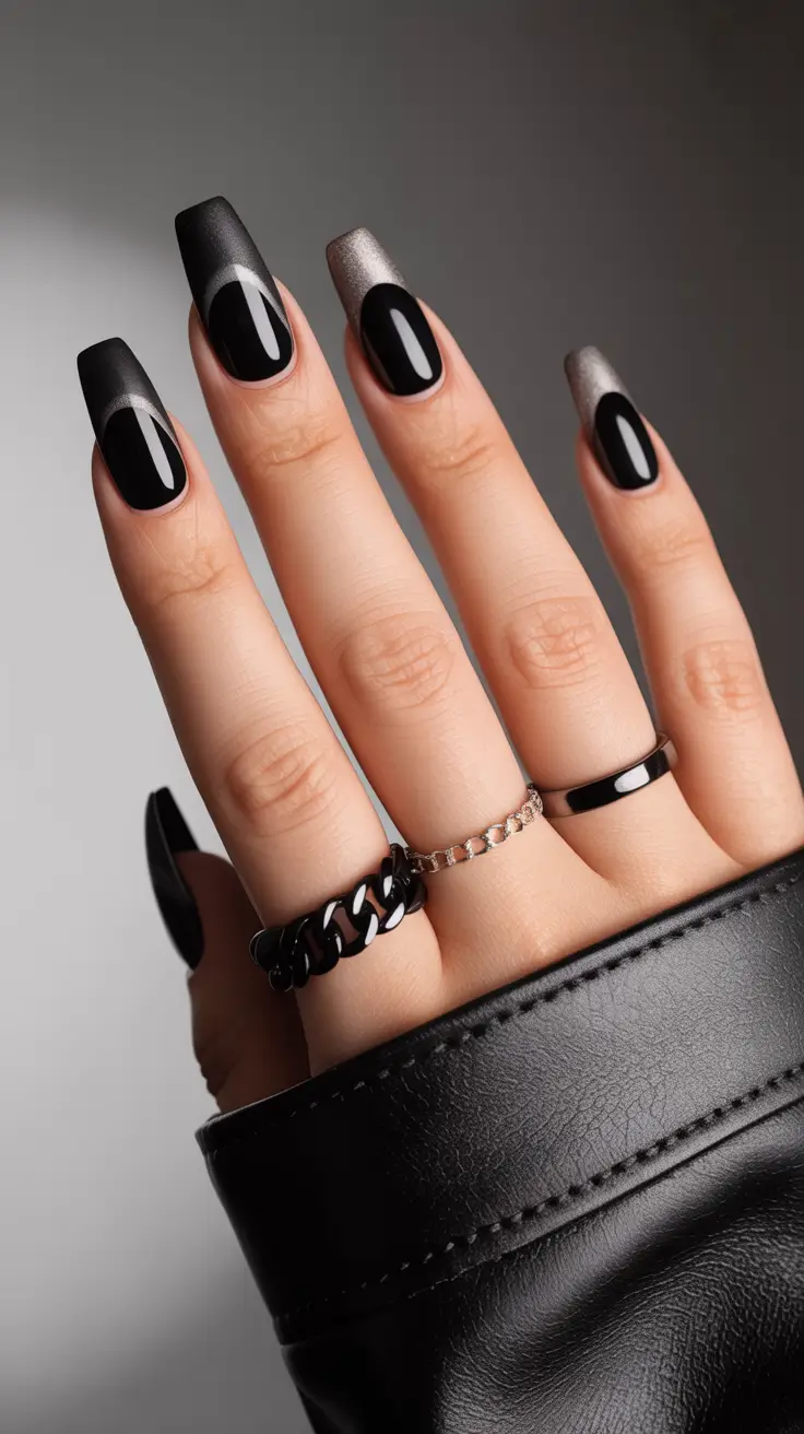 Trendy Black Fall Nails 2025 Black and Silver Reverse French
