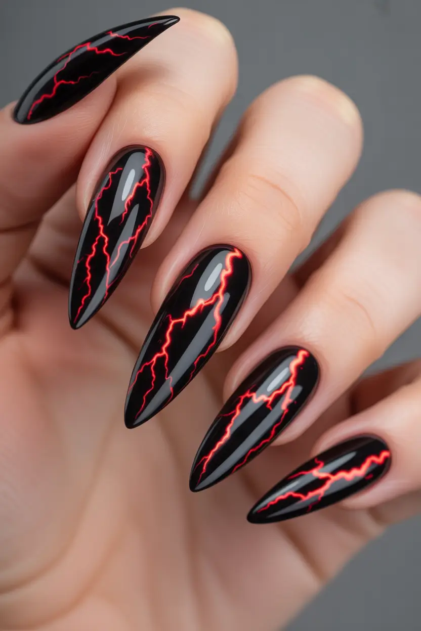 Trendy Black Fall Nails 2025 Red Lightning Strikes on Black