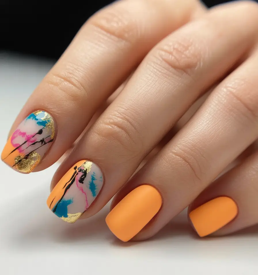Trendy Fall 2025 Nail Colors for Fair Skin Golden Abstract Orange