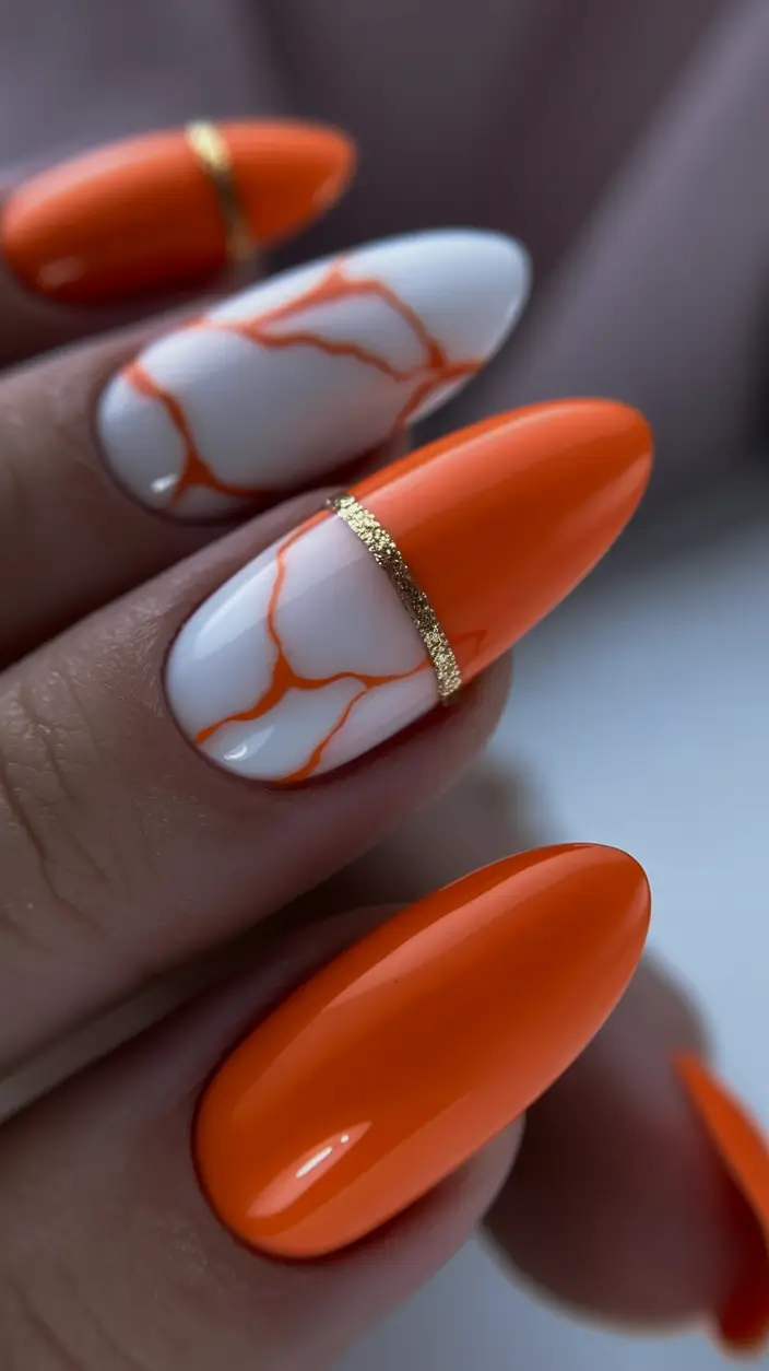 Trendy Fall 2025 Nail Colors for Fair Skin Fiery Orange Marble