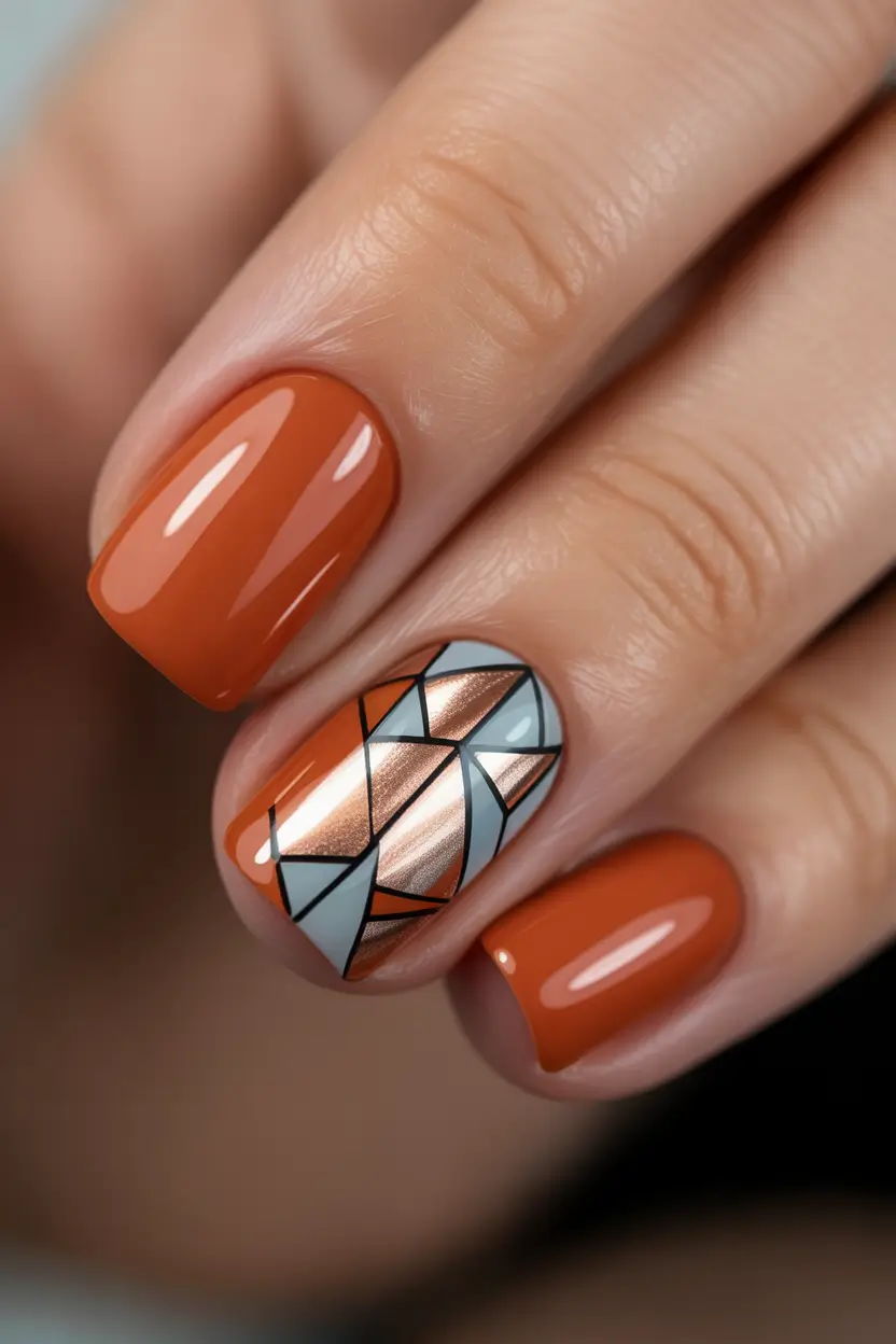 Trendy Fall 2025 Nail Colors for Fair Skin Burnt Orange with Geometric Glow
