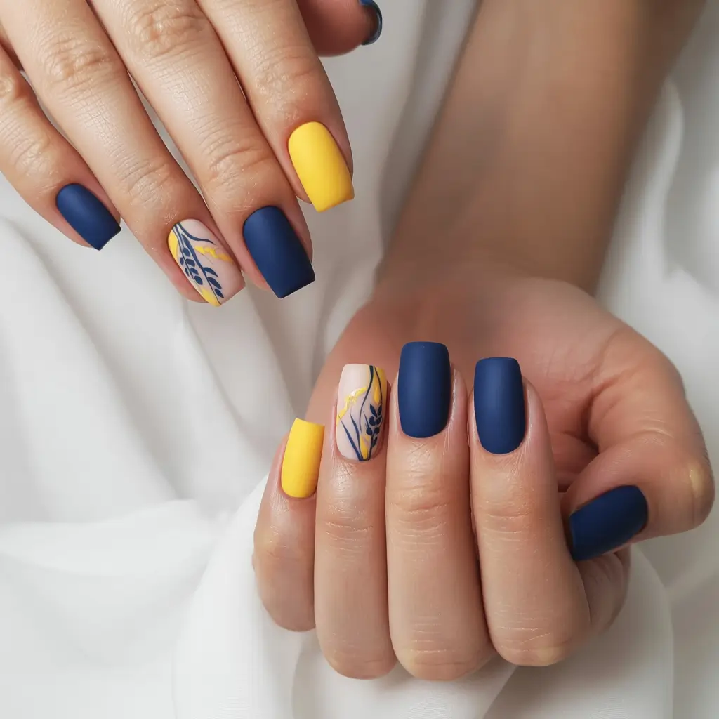 Trendy Fall 2025 Nail Colors for Fair Skin Matte Navy and Yellow Contrast