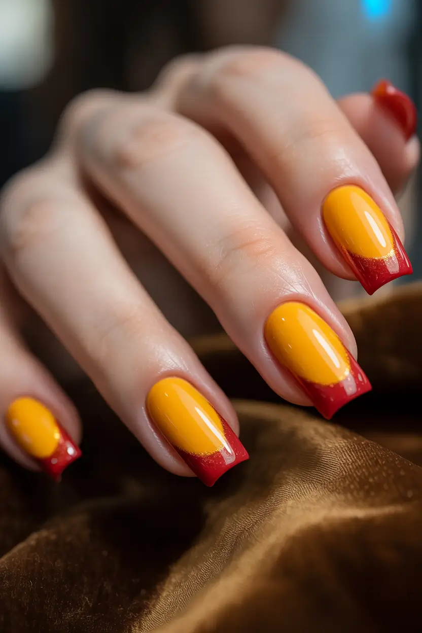 Trendy Fall 2025 Nail Colors for Fair Skin Golden Amber with Red Tips