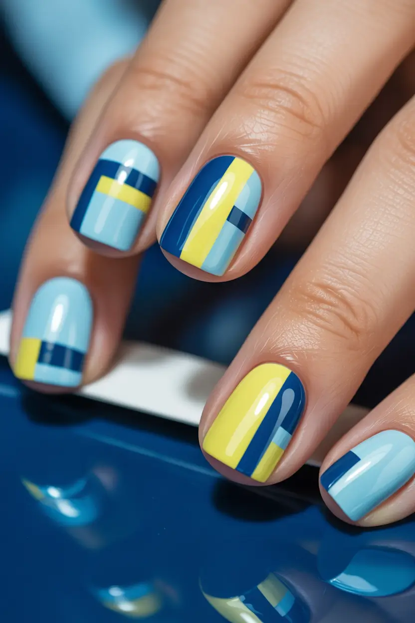 Trendy Fall 2025 Nail Colors for Fair Skin Modern Blue and Yellow Blocks