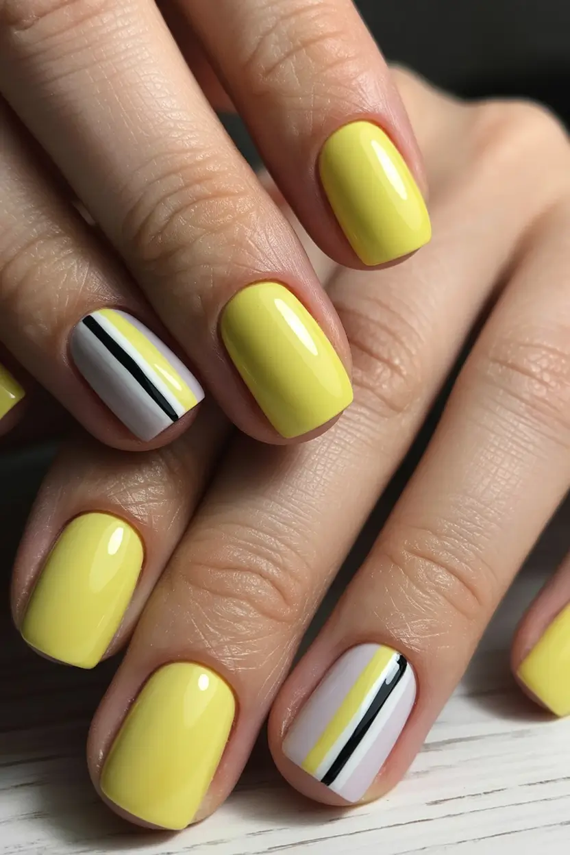 Trendy Fall 2025 Nail Colors for Fair Skin Soft Yellow with a Minimal Stripe