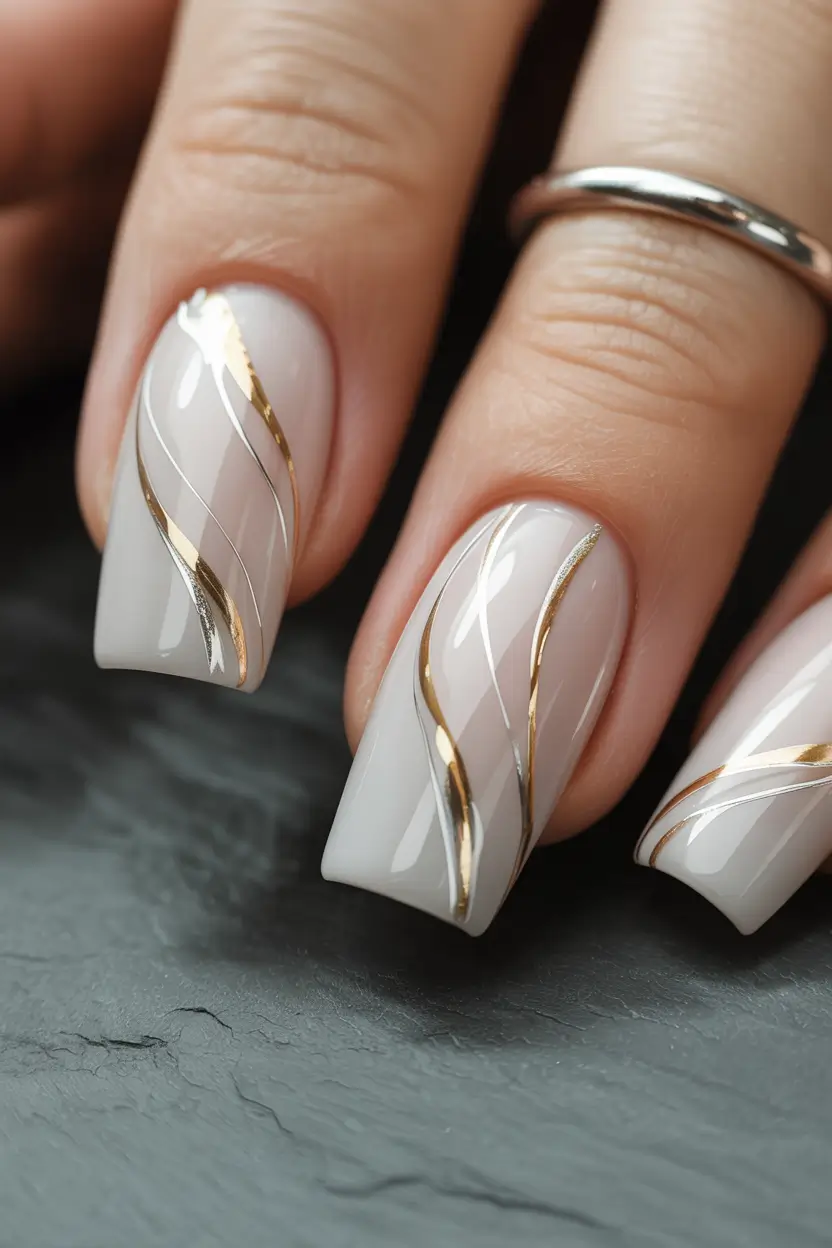 Trendy Fall 2025 Nail Colors for Fair Skin Elegant Neutrals with Golden Lines