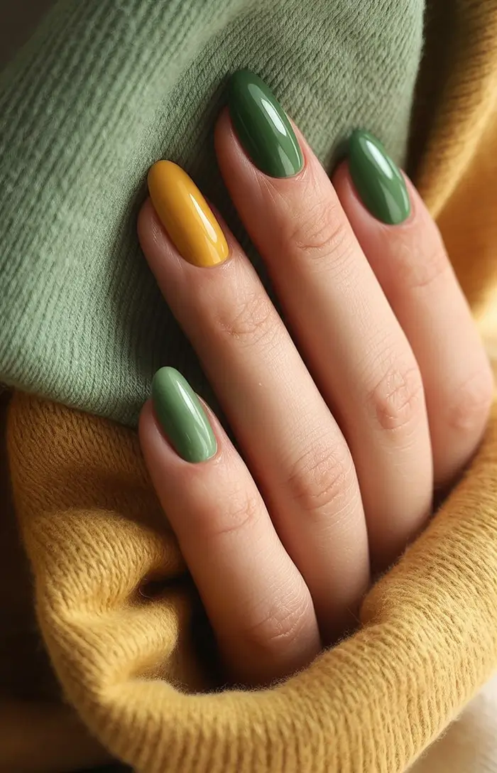 Trendy Fall 2025 Nail Colors for Fair Skin Forest Green and Mustard Contrast