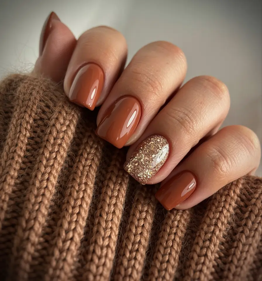 Trendy Fall 2025 Nail Colors for Fair Skin Caramel Glow with Glitter Accent