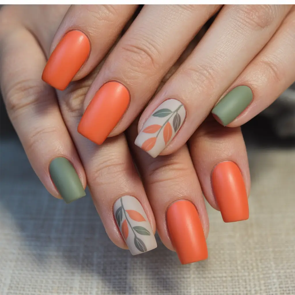 Trendy Fall 2025 Nail Colors for Fair Skin Matte Pumpkin and Sage Leaves