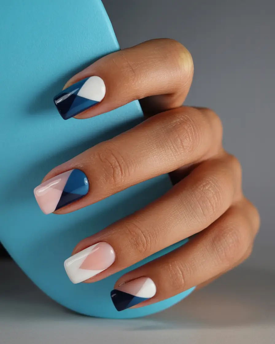 Trendy Fall 2025 Nail Colors for Fair Skin Geometric Blue Nude Contrast