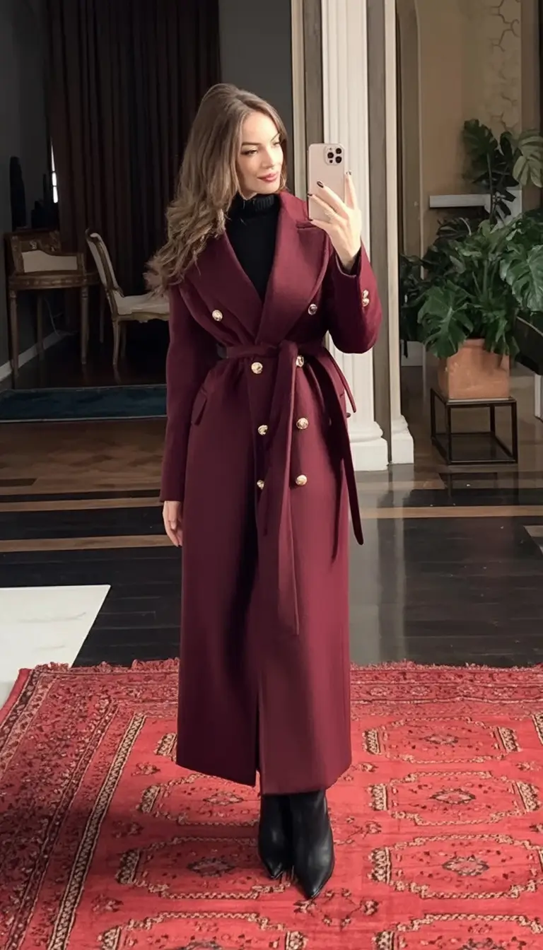 Warm outfits for Fall Season 2025 Structured Elegance in Deep Burgundy