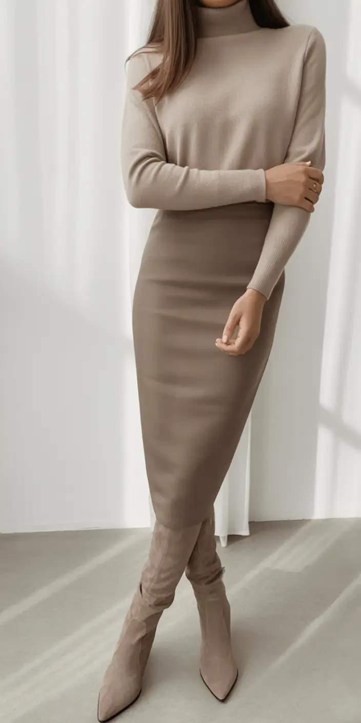 Warm outfits for Fall Season 2025 Tonal Knit Layers With Sleek Boots
