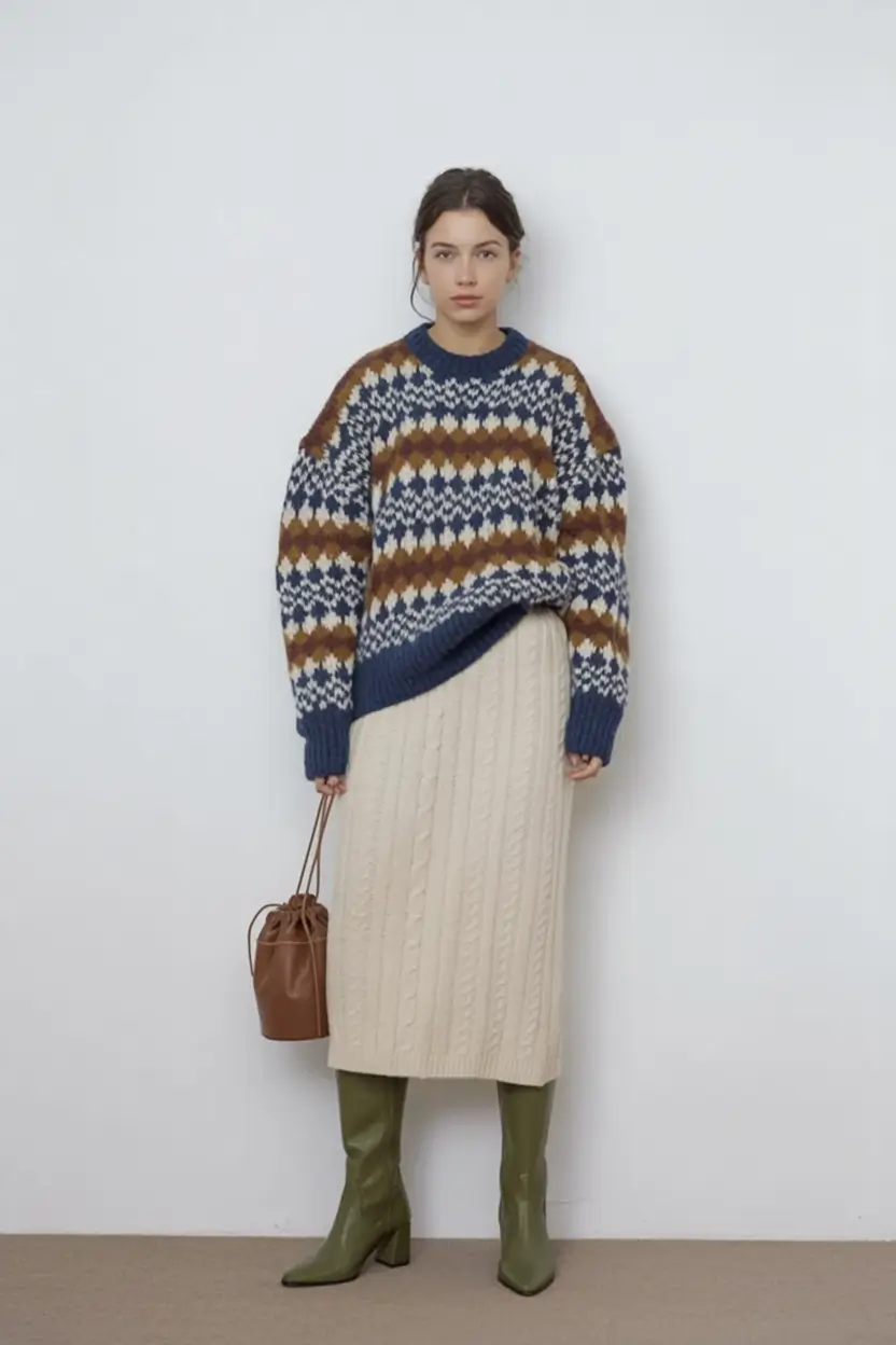 Warm outfits for Fall Season 2025 Chunky Knit Meets Cream Skirt Comfort