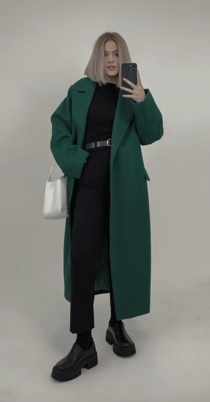Warm outfits for Fall Season 2025 Bold Green Coat With All-Black Base