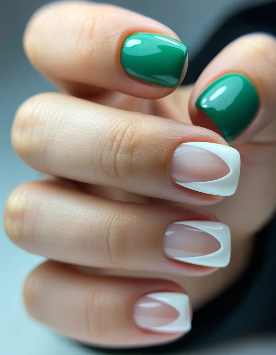 2025 Easy Fall Nails Modern Green & White Combo