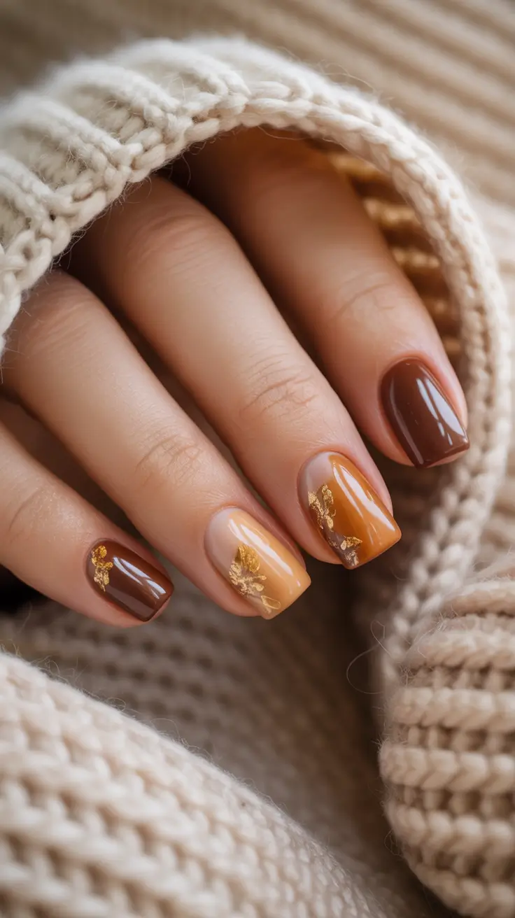 2025 Easy Fall Nails Golden Leaf Accents