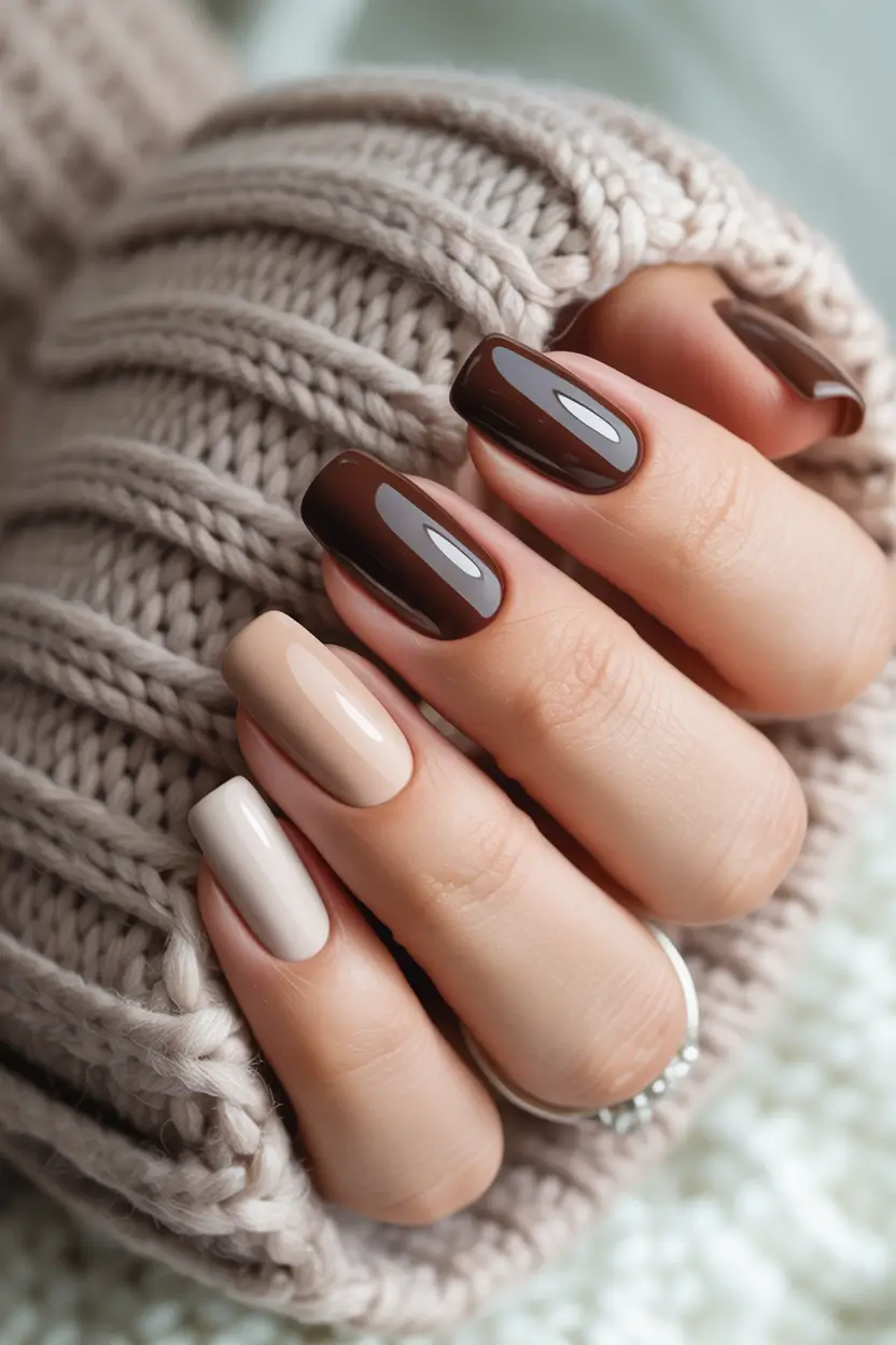 2025 Easy Fall Nails Cozy Mocha & Nude Mix