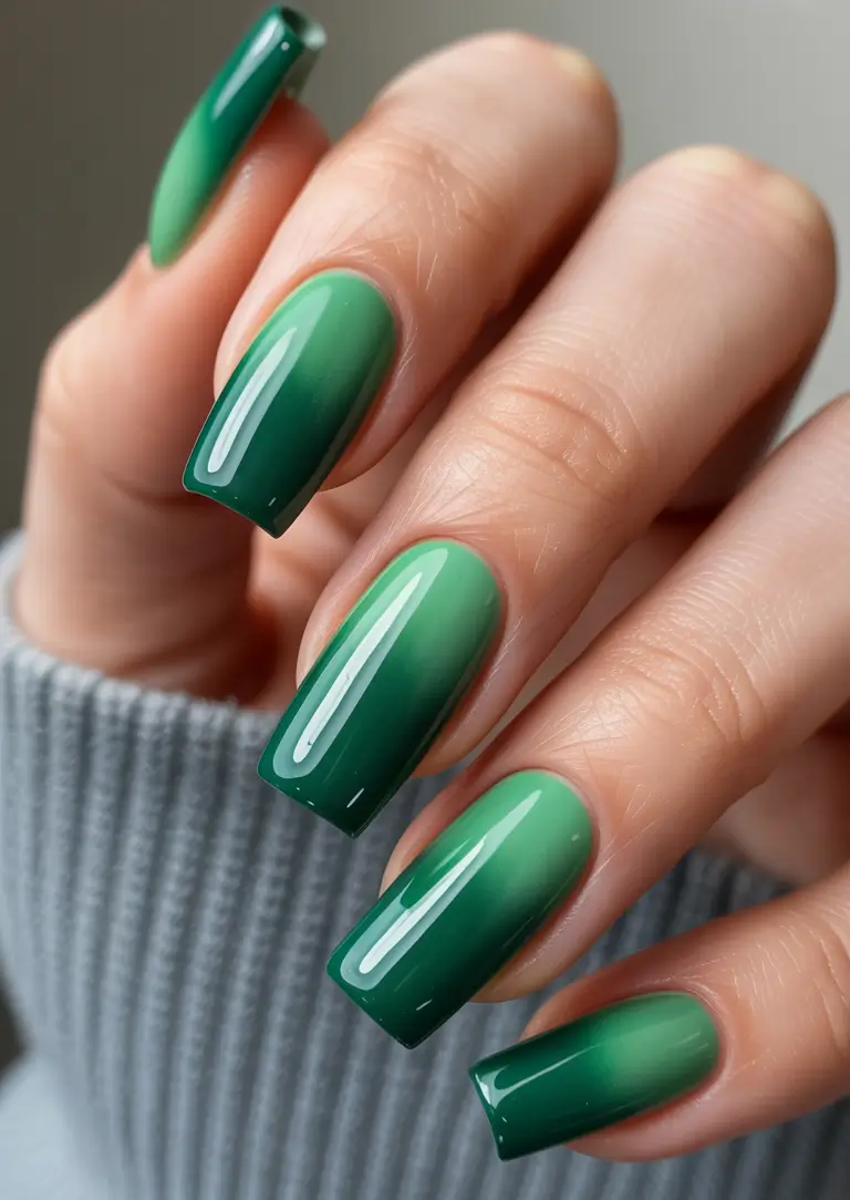 2025 Fall Ombré Nails Deep Green Elegance