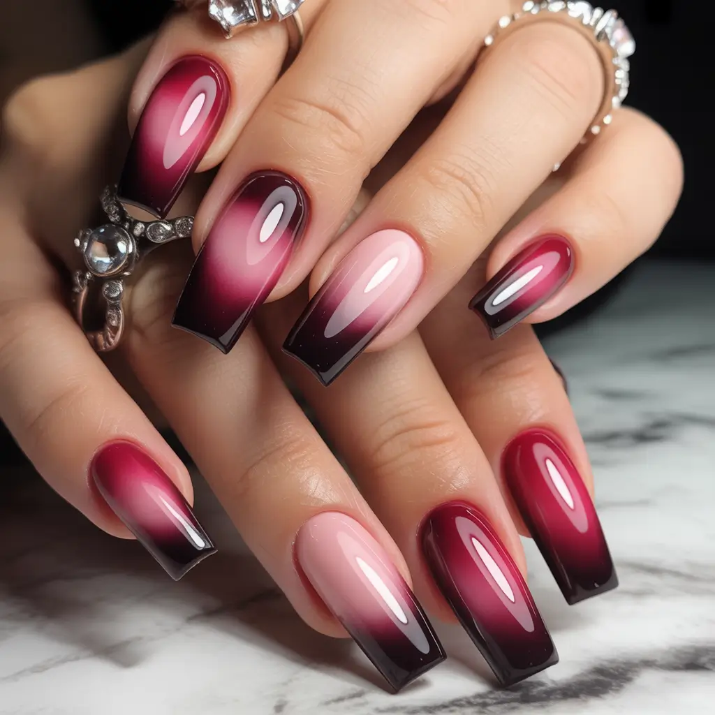 2025 Fall Ombré Nails Burgundy Ombré Drama