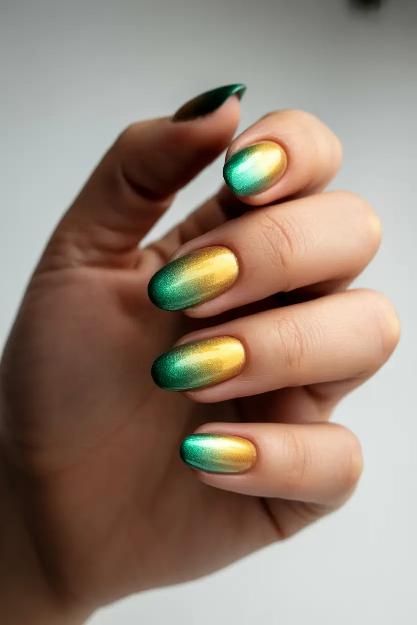 2025 Fall Ombré Nails Golden Green Metallic Glow