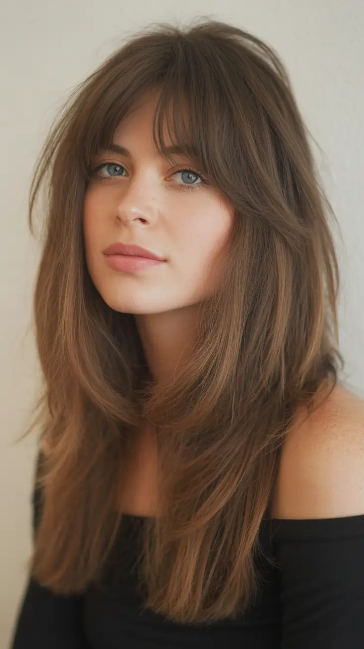 Best Fall Winter Hair Colors 2025 2026 Chocolate Brown Layers with Bangs
