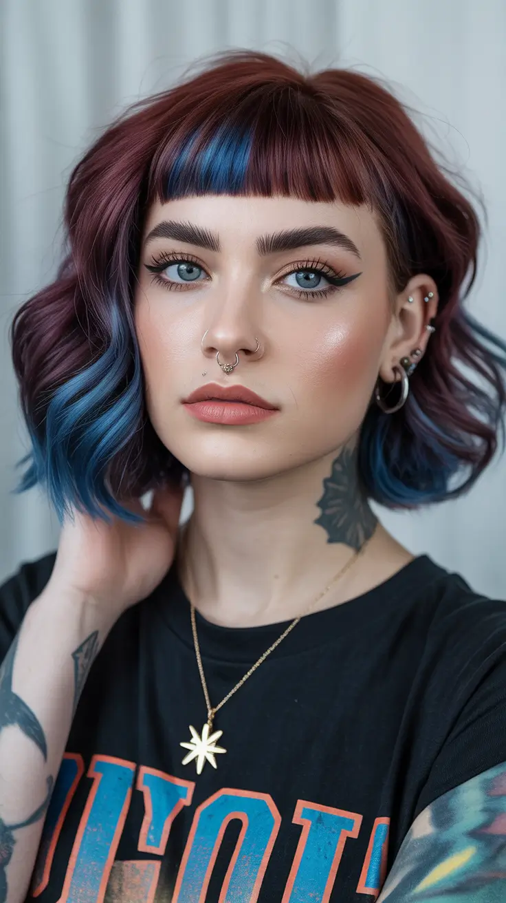 Best Fall Winter Hair Colors 2025 2026 Edgy Burgundy and Blue Bob