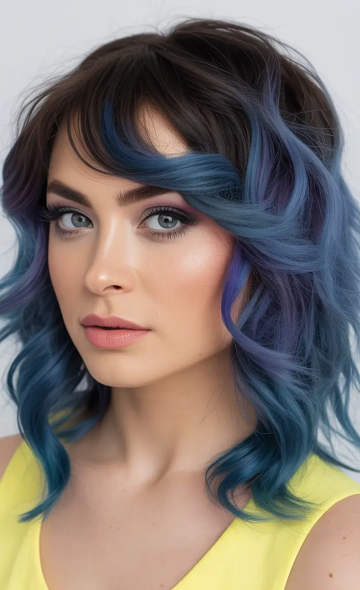 Best Fall Winter Hair Colors 2025 2026 Blue Ombre Curls with Bangs