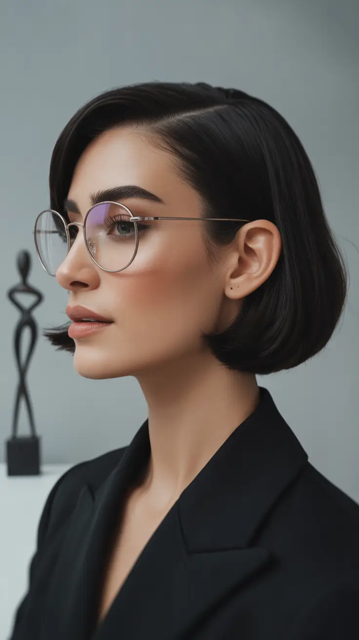 Best Fall Winter Haircut Styles 2025–2026 Glossy Sleek Bob with Glasses